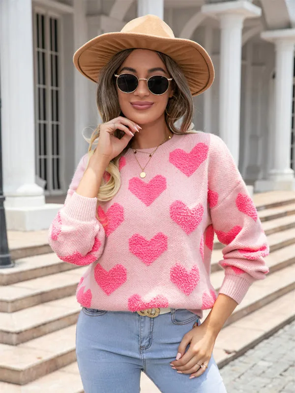 Bohemian Pink Big Heart Round Neck Pullover Sweater