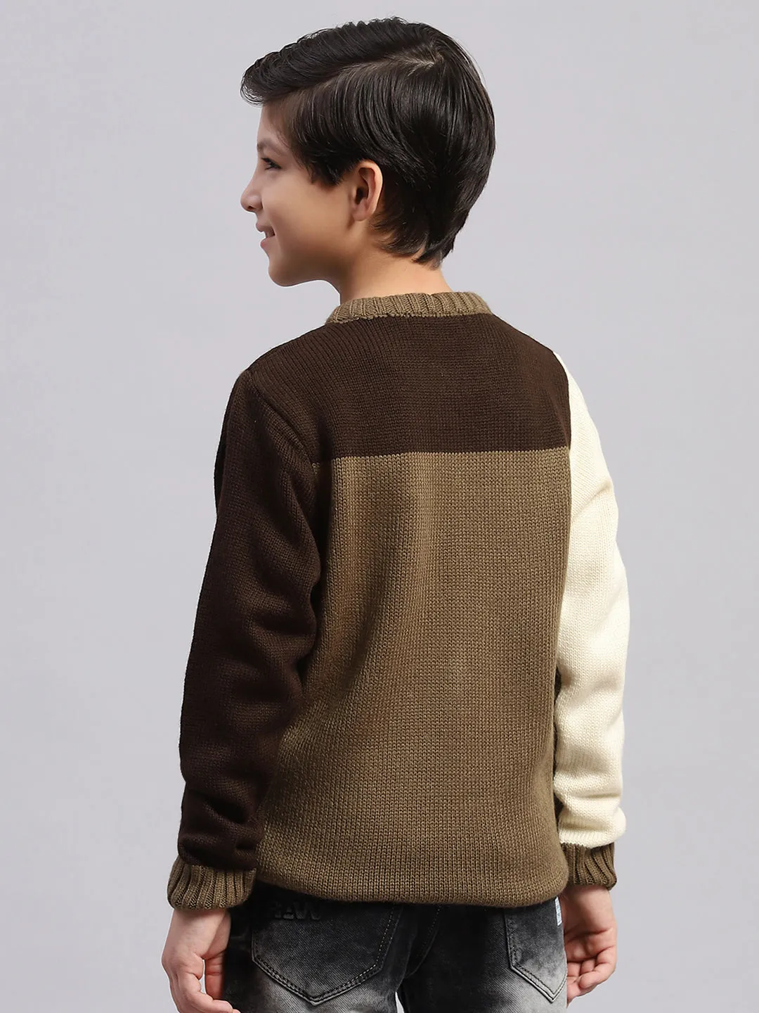 Boys Brown Self Design Round Neck Full Sleeve Sweater