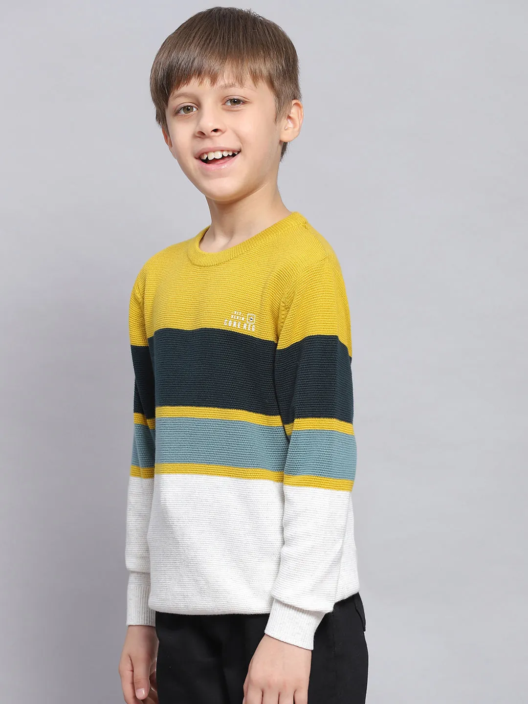Boys Mustard Stripe Round Neck Full Sleeve Sweater