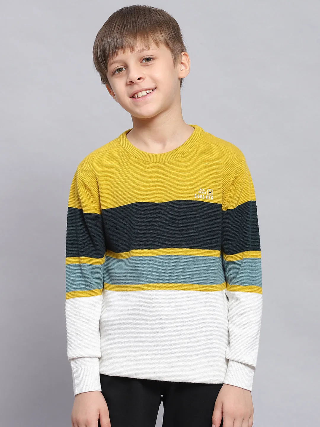 Boys Mustard Stripe Round Neck Full Sleeve Sweater
