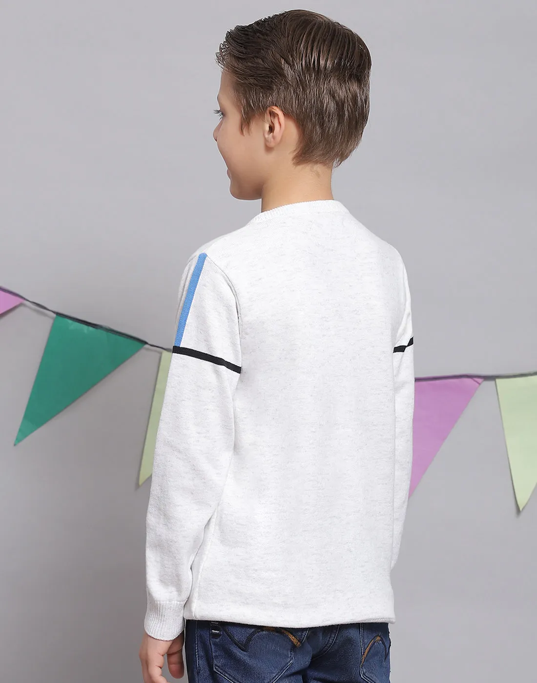 Boys White Printed Round Neck Full Sleeve Sweater