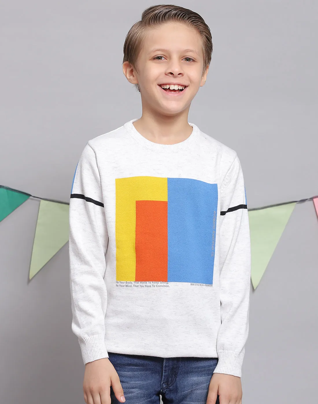 Boys White Printed Round Neck Full Sleeve Sweater