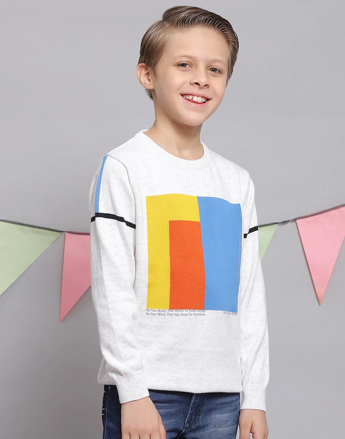 Boys White Printed Round Neck Full Sleeve Sweater