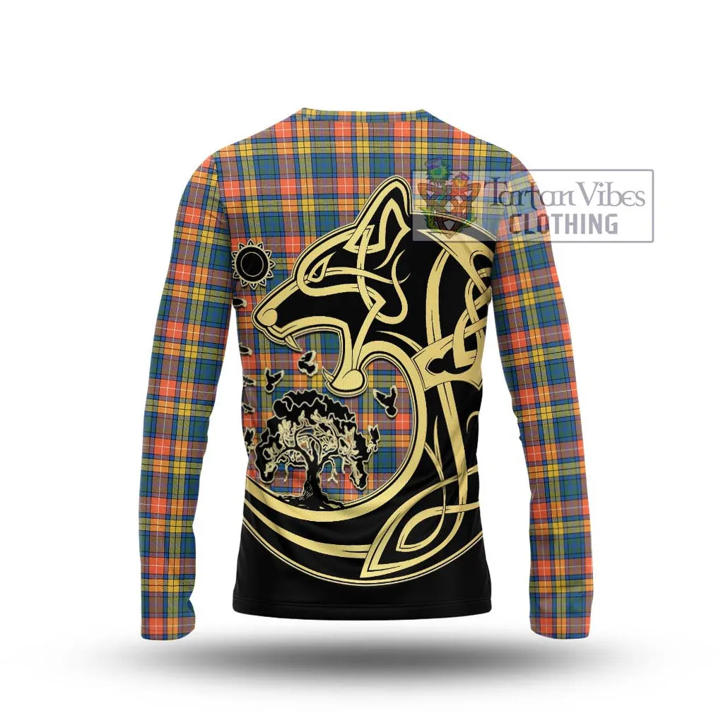 Buchanan Ancient Tartan Long Sleeve T-Shirt with Family Crest Celtic Wolf Style
