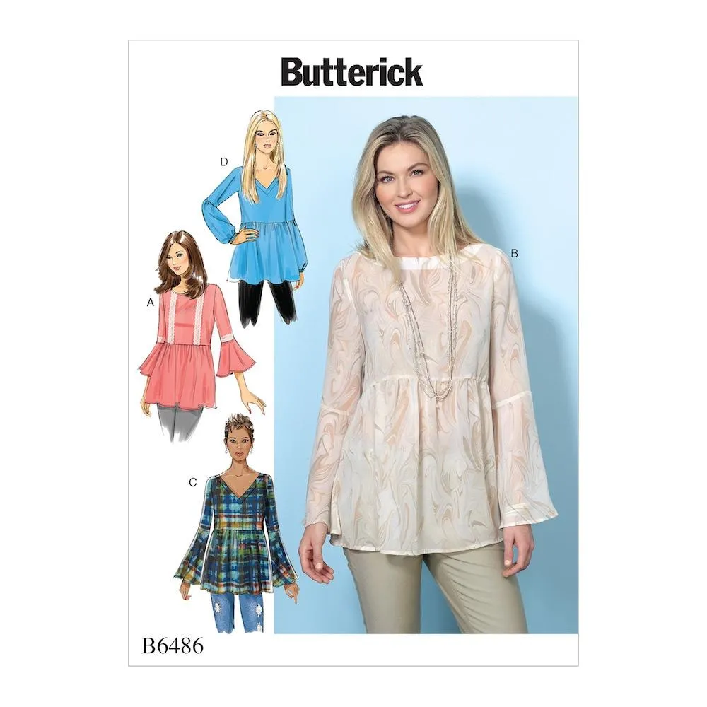 Butterick Pattern B6486 Misses' Loose-Fitting, Gathered Waist Pullover Tops with Bell Sleeves
