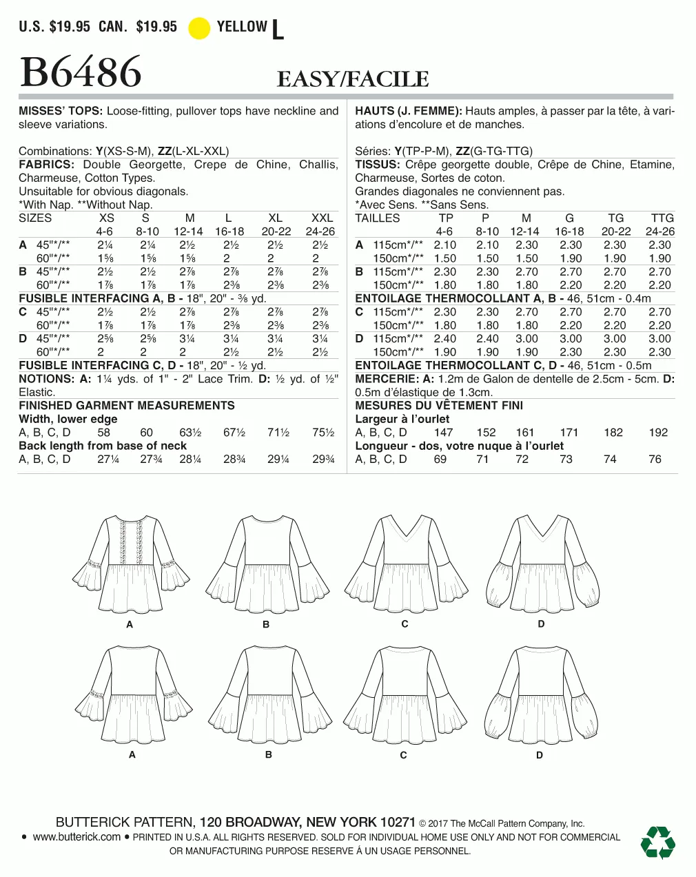 Butterick Pattern B6486 Misses' Loose-Fitting, Gathered Waist Pullover Tops with Bell Sleeves