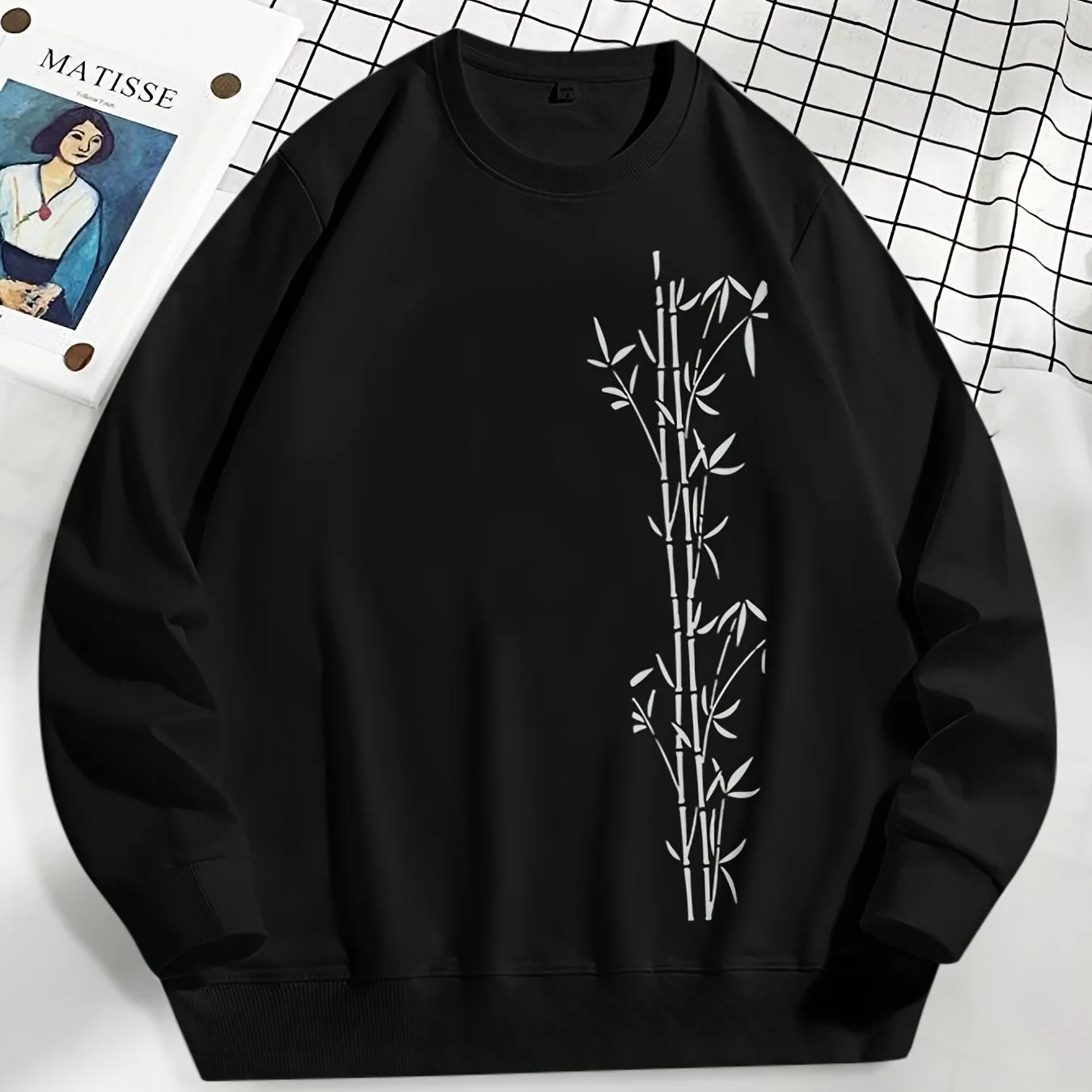 Casual Bamboo Print Crew Neck Long Sleeve Pullover Sweatshirt