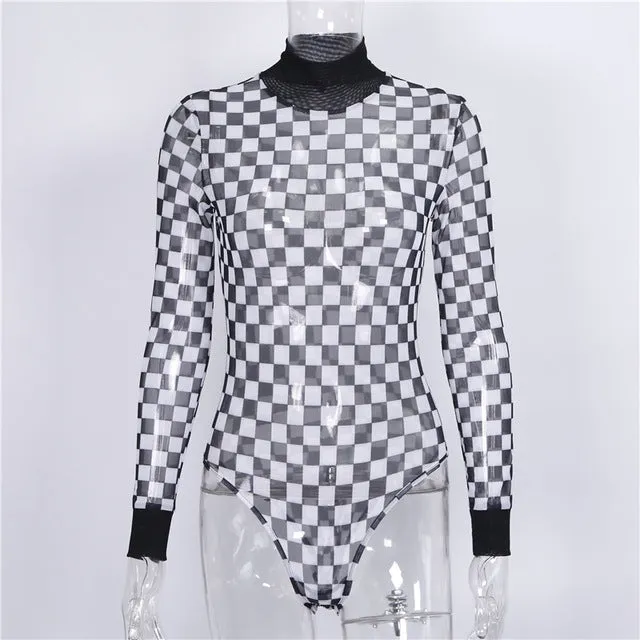 Checkered mock neck bodysuit