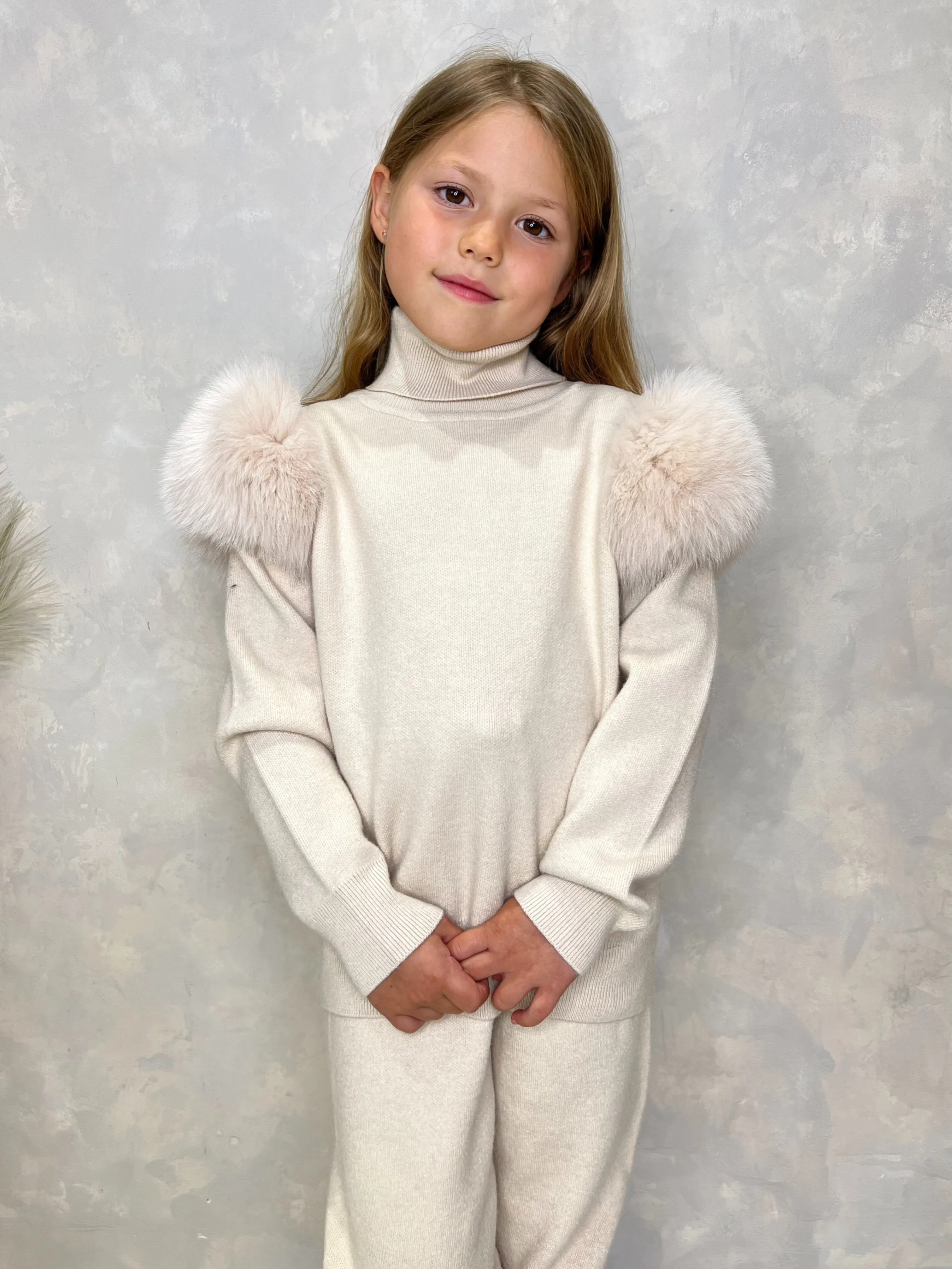 Childrens Light Beige Luxury Fur Roll Neck Jogger Tracksuit