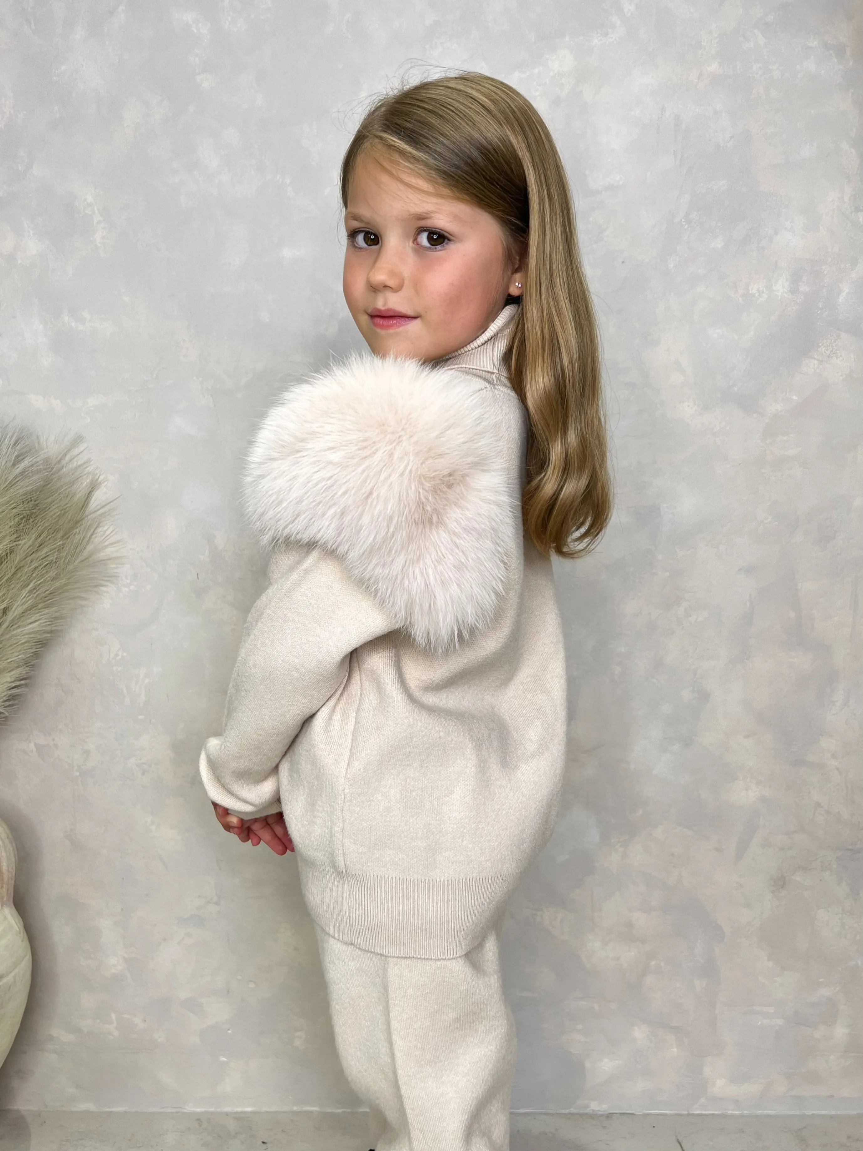 Childrens Light Beige Luxury Fur Roll Neck Jogger Tracksuit