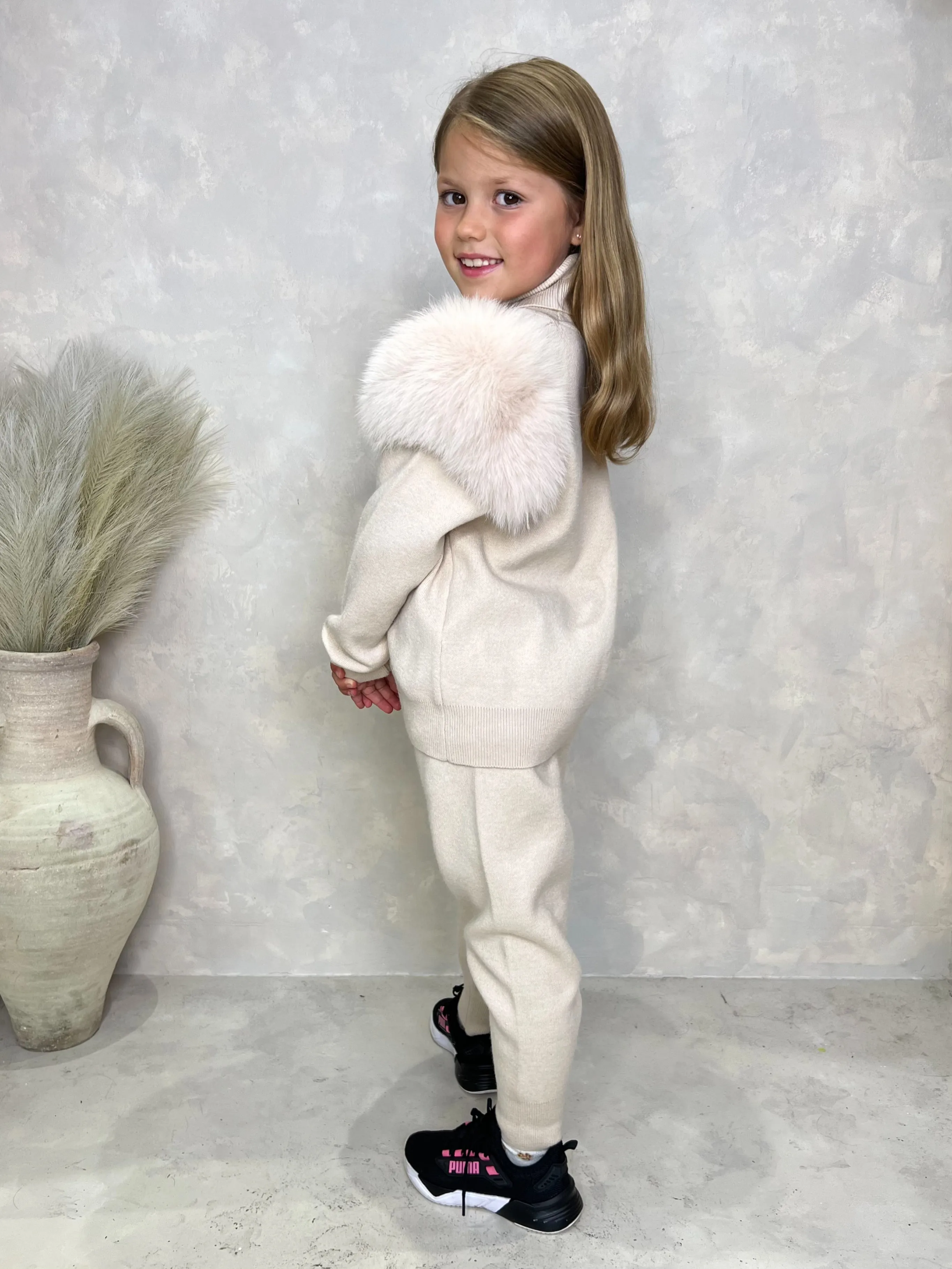 Childrens Light Beige Luxury Fur Roll Neck Jogger Tracksuit
