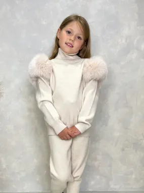 Childrens Light Beige Luxury Fur Roll Neck Jogger Tracksuit