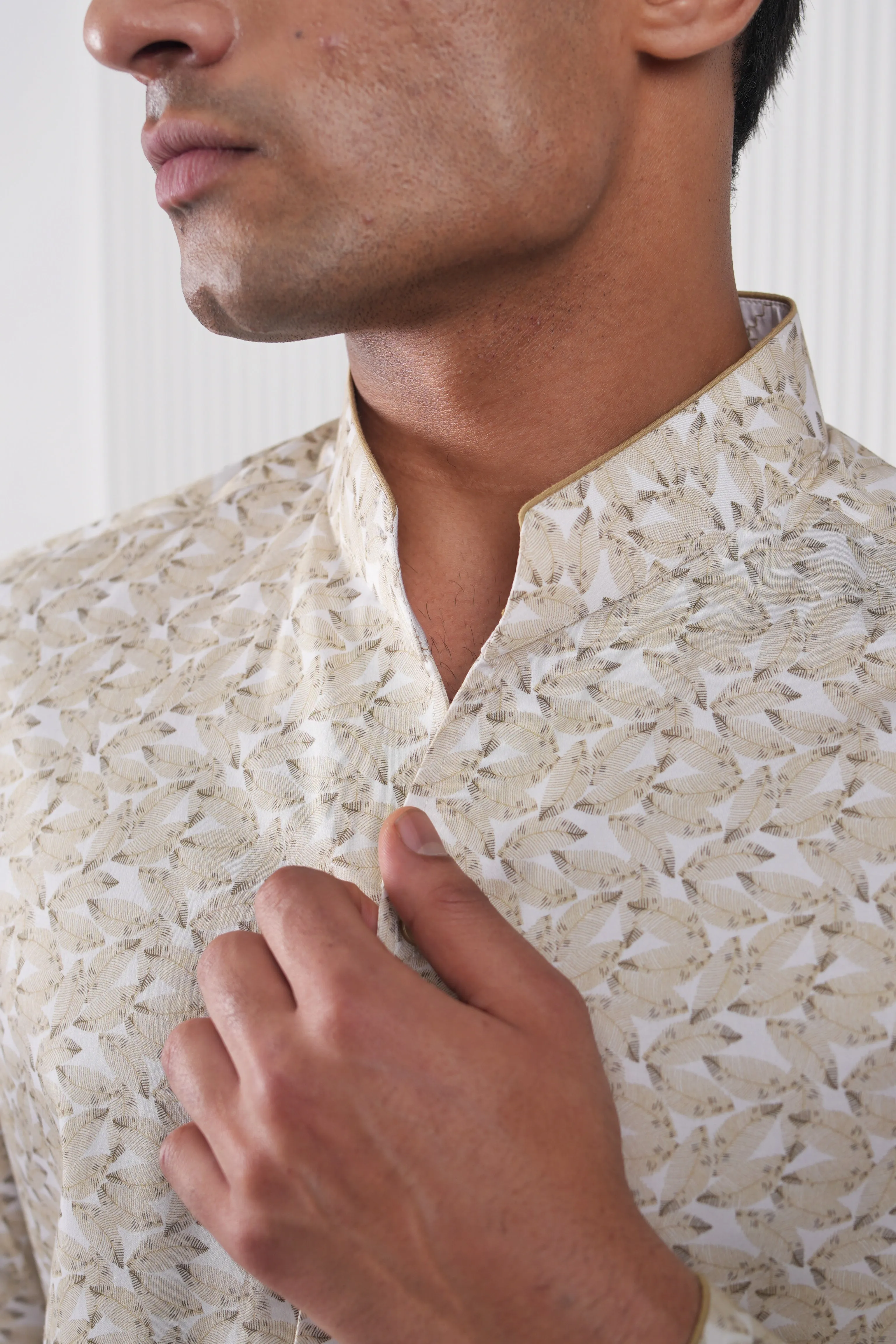 Cream Green Leaf Printed Cotton Shirt