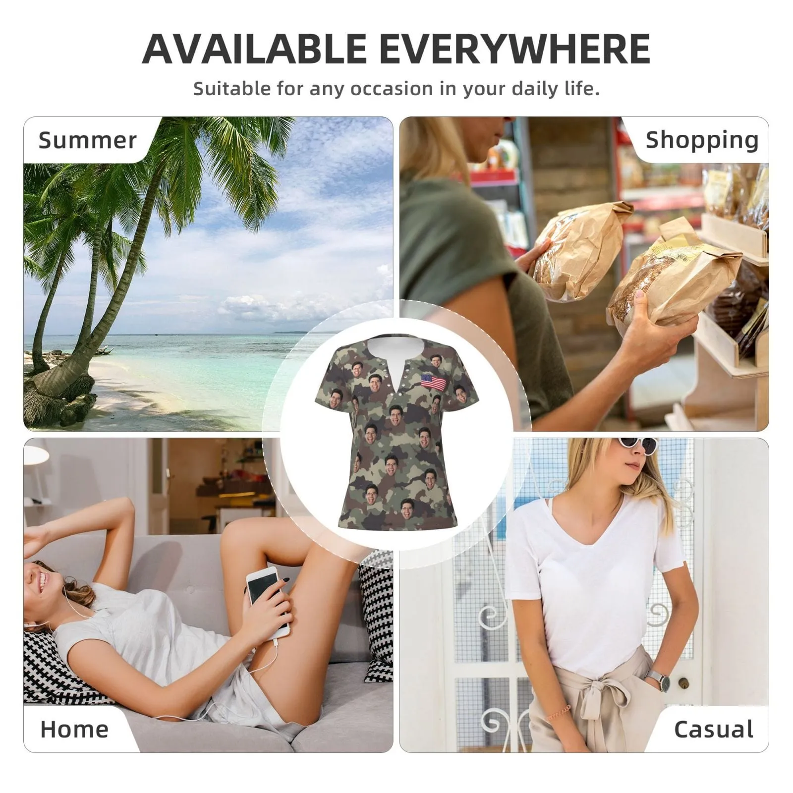 Custom Face Camouflage American Flag Ring Hole Short Sleeve V Neck T-shirt Personalized Women's All Over Print T-shirt Summer Tees Tops