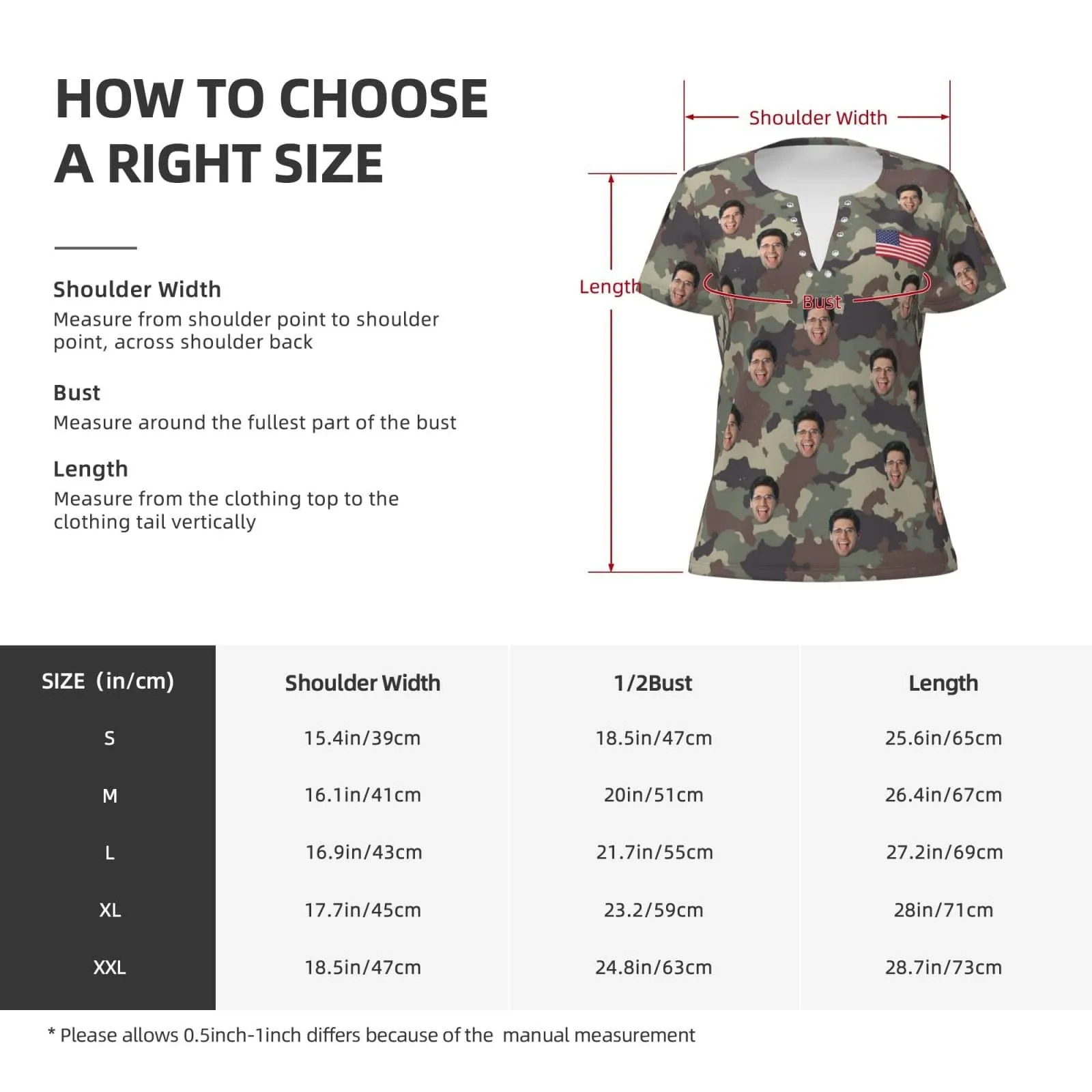 Custom Face Camouflage American Flag Ring Hole Short Sleeve V Neck T-shirt Personalized Women's All Over Print T-shirt Summer Tees Tops