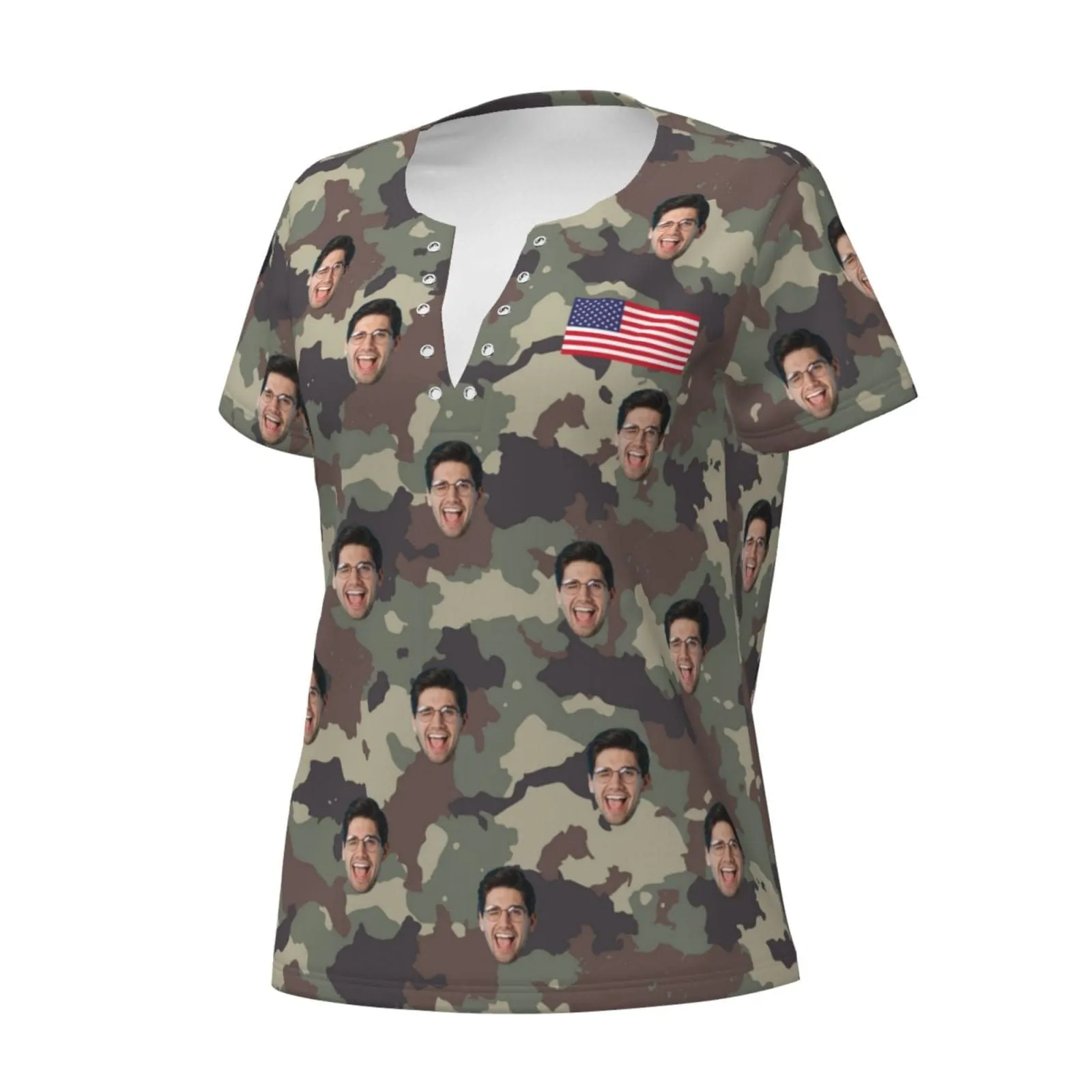 Custom Face Camouflage American Flag Ring Hole Short Sleeve V Neck T-shirt Personalized Women's All Over Print T-shirt Summer Tees Tops