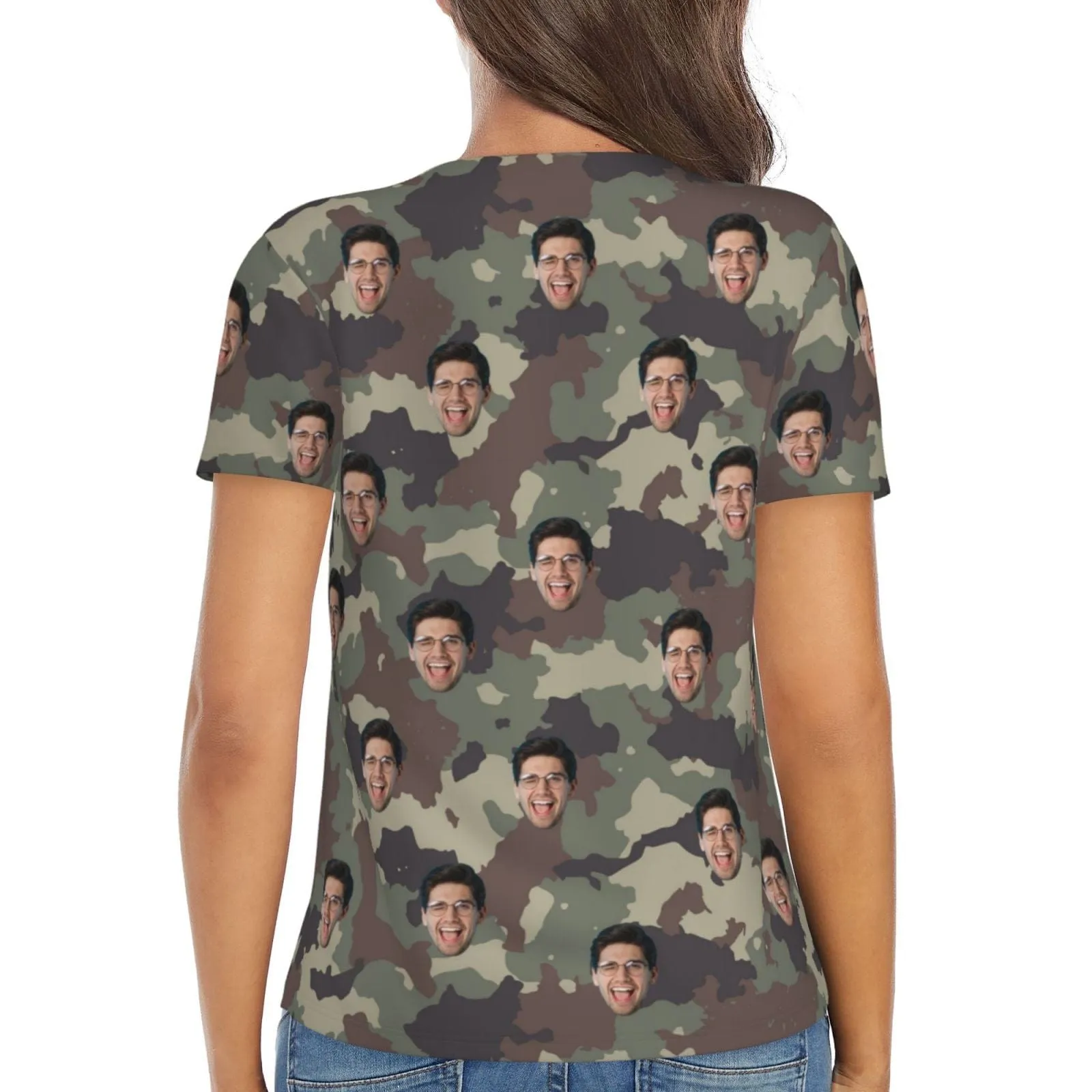 Custom Face Camouflage American Flag Ring Hole Short Sleeve V Neck T-shirt Personalized Women's All Over Print T-shirt Summer Tees Tops