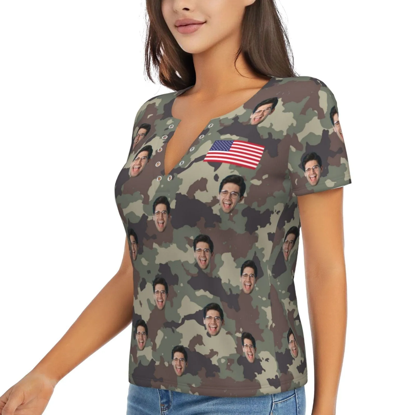 Custom Face Camouflage American Flag Ring Hole Short Sleeve V Neck T-shirt Personalized Women's All Over Print T-shirt Summer Tees Tops
