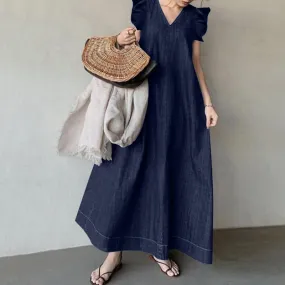 Denim Solid Color V-neck Bohemian Loose Large Size Long Dress