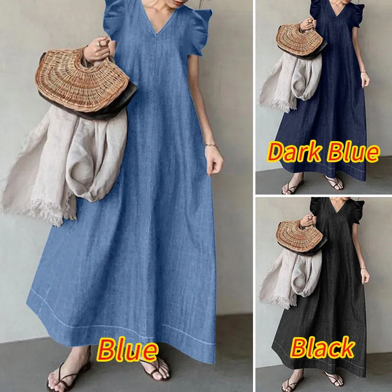Denim Solid Color V-neck Bohemian Loose Large Size Long Dress