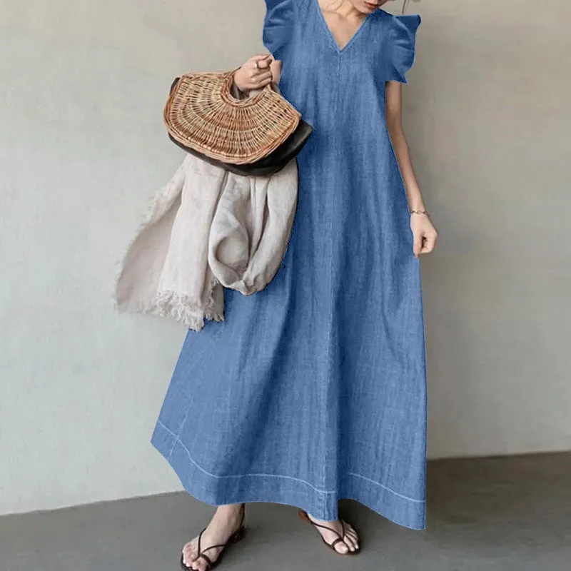 Denim Solid Color V-neck Bohemian Loose Large Size Long Dress