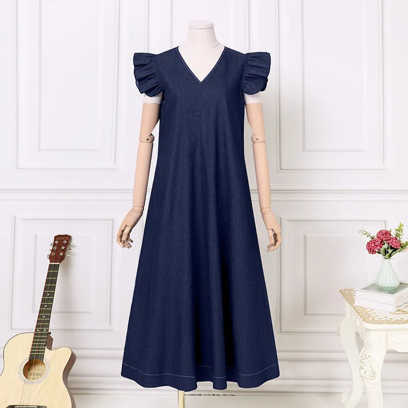 Denim Solid Color V-neck Bohemian Loose Large Size Long Dress