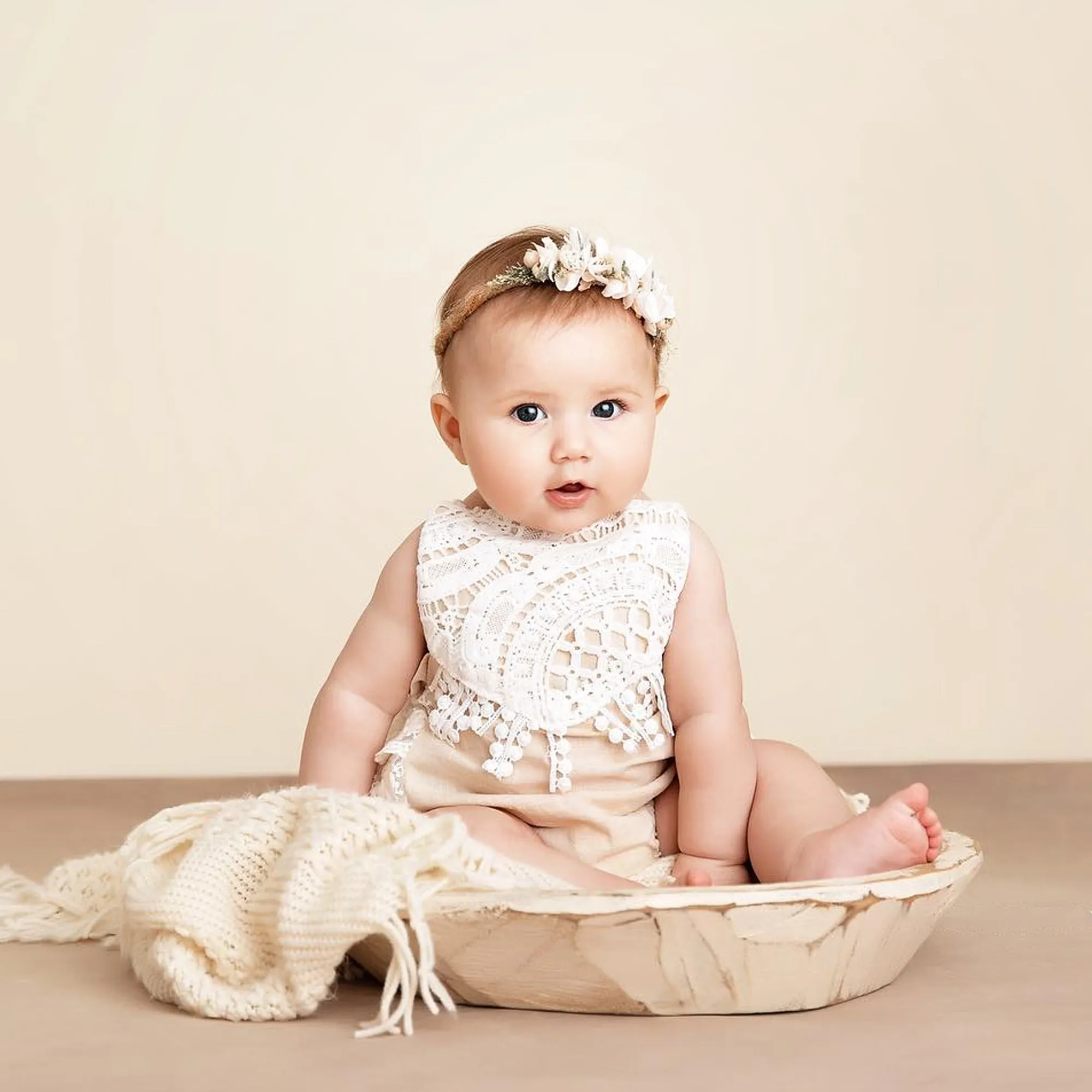 Easter Baby Girl Outfit, Boho Crochet Lace Romper for Cake Smash, Half Birthday Sitter Bodysuit