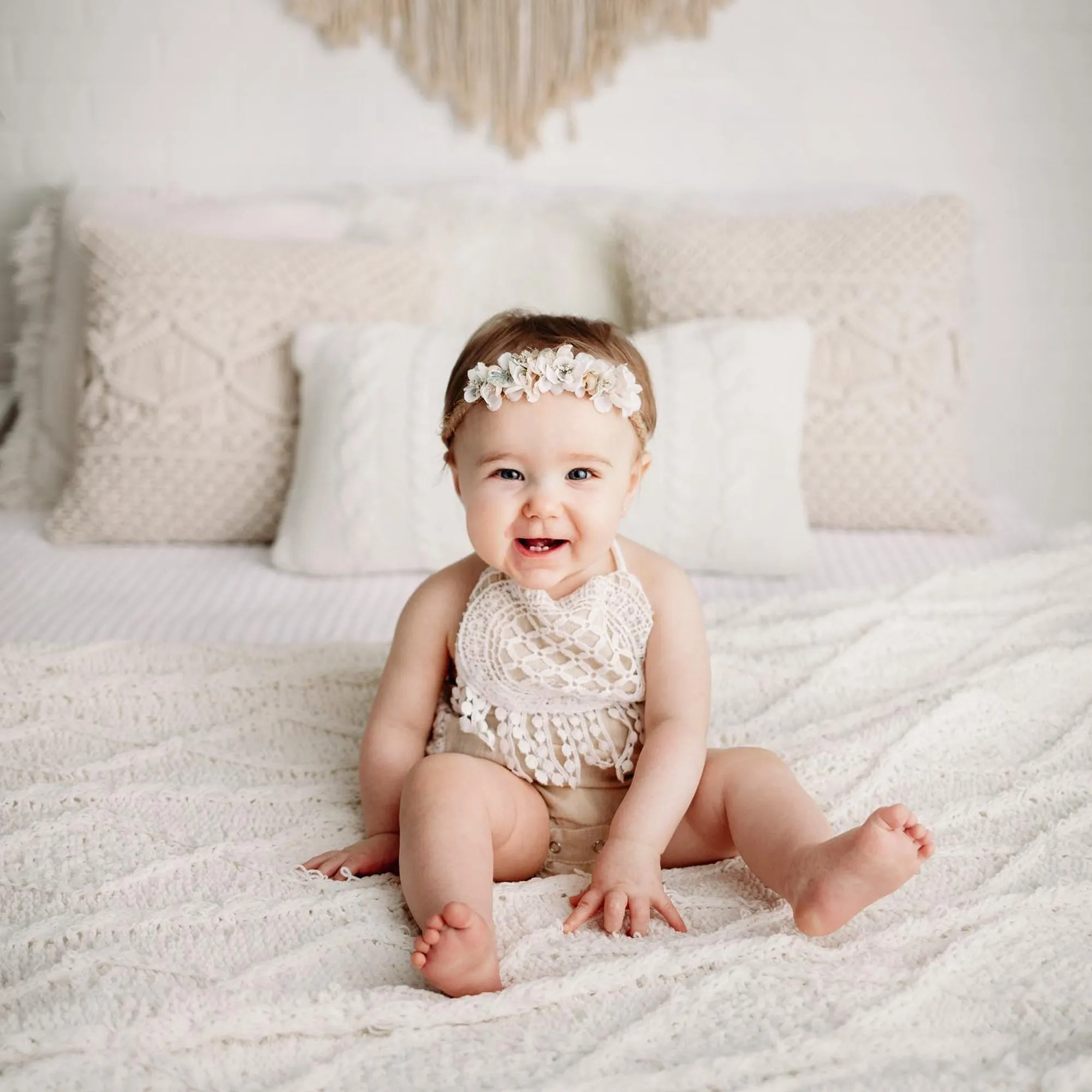 Easter Baby Girl Outfit, Boho Crochet Lace Romper for Cake Smash, Half Birthday Sitter Bodysuit