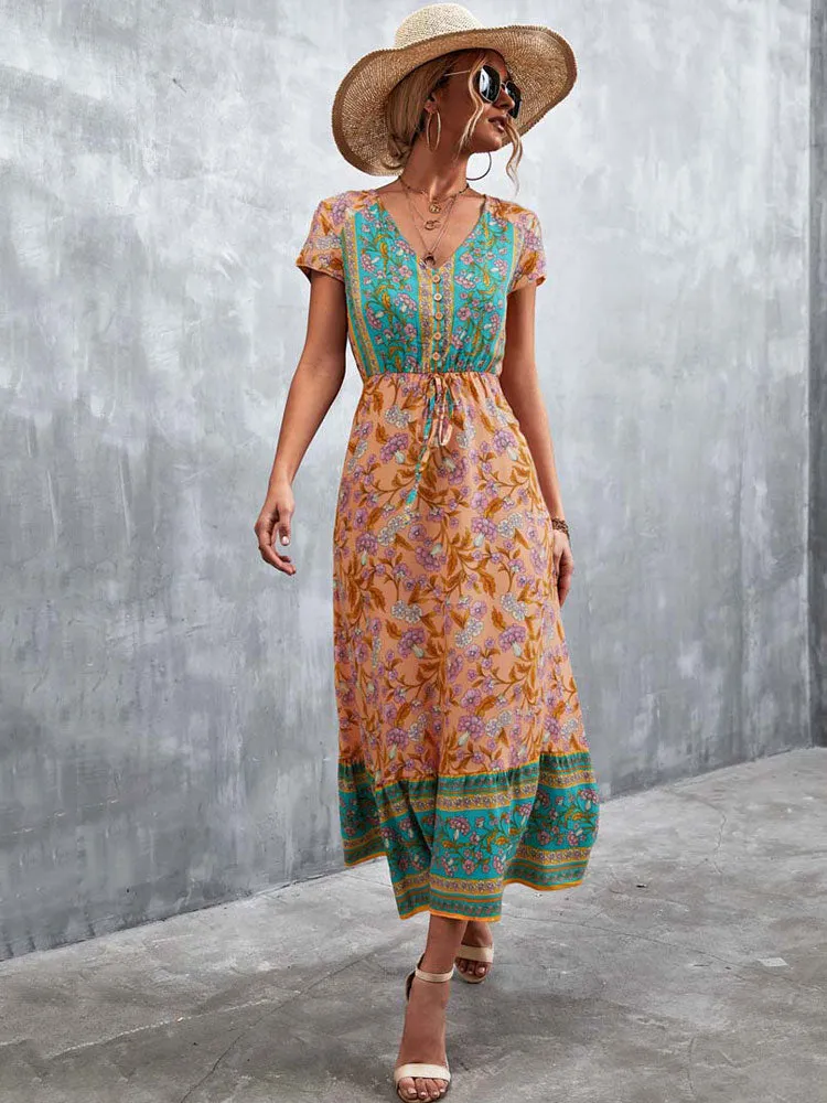 Fashionkova  2022 Summer Boho Maxi Dress Women Elegant Long Floral Party Dress Ladies Short Sleeve Bohemian Flower Dress For Women