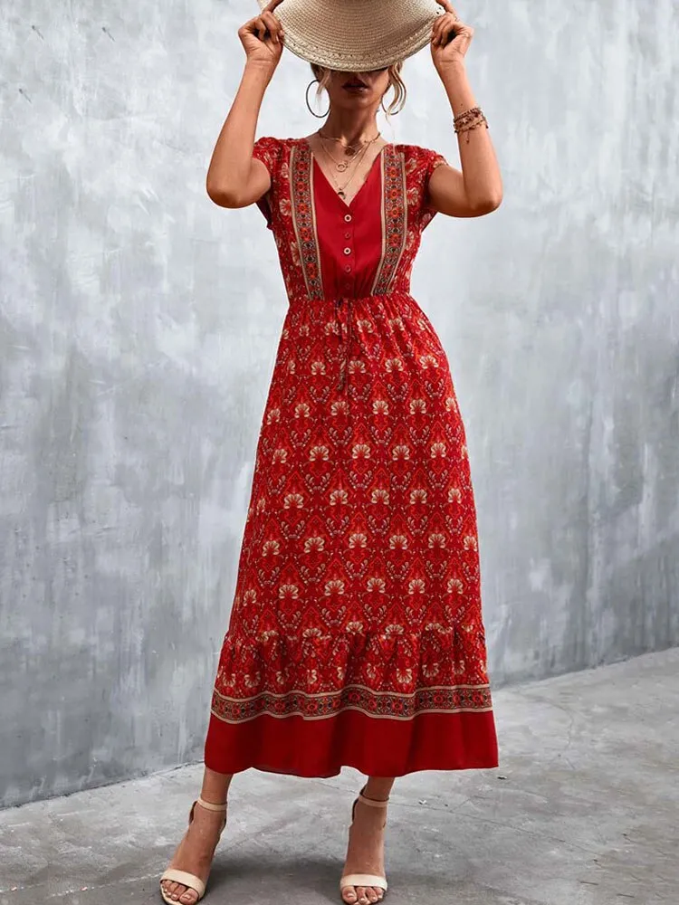 Fashionkova  2022 Summer Boho Maxi Dress Women Elegant Long Floral Party Dress Ladies Short Sleeve Bohemian Flower Dress For Women