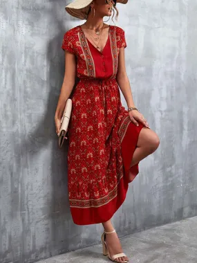 Fashionkova  2022 Summer Boho Maxi Dress Women Elegant Long Floral Party Dress Ladies Short Sleeve Bohemian Flower Dress For Women