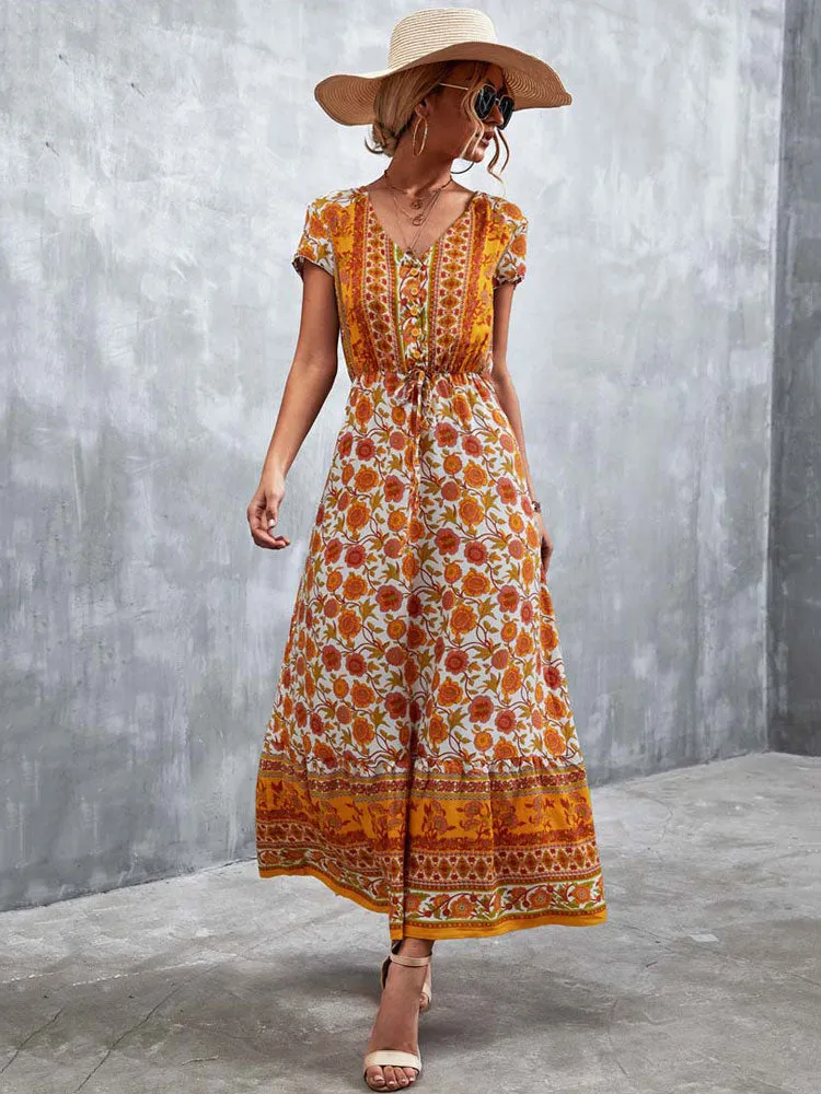 Fashionkova  2022 Summer Boho Maxi Dress Women Elegant Long Floral Party Dress Ladies Short Sleeve Bohemian Flower Dress For Women