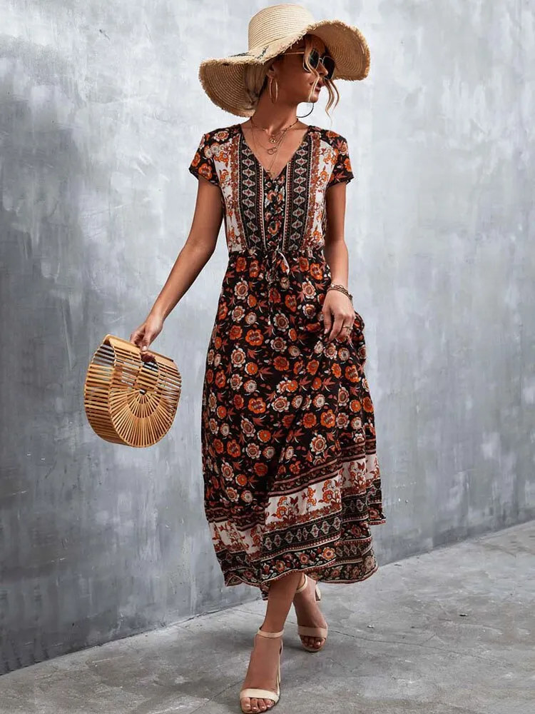 Fashionkova  2022 Summer Boho Maxi Dress Women Elegant Long Floral Party Dress Ladies Short Sleeve Bohemian Flower Dress For Women