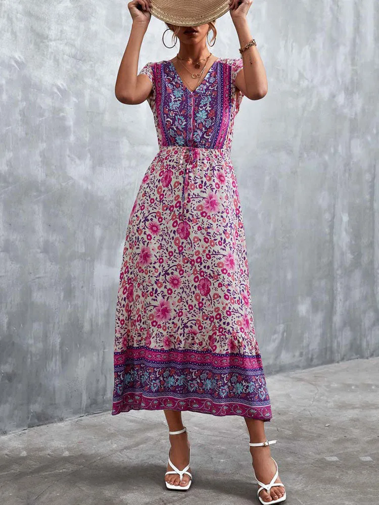 Fashionkova  2022 Summer Boho Maxi Dress Women Elegant Long Floral Party Dress Ladies Short Sleeve Bohemian Flower Dress For Women