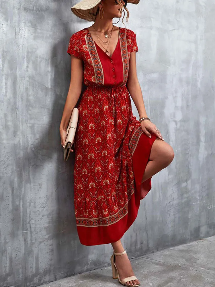 Fashionkova  2022 Summer Boho Maxi Dress Women Elegant Long Floral Party Dress Ladies Short Sleeve Bohemian Flower Dress For Women