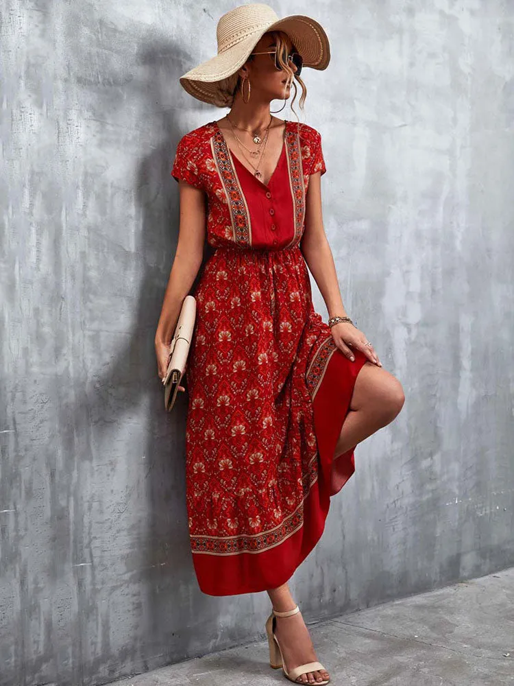 Fashionkova  2022 Summer Boho Maxi Dress Women Elegant Long Floral Party Dress Ladies Short Sleeve Bohemian Flower Dress For Women