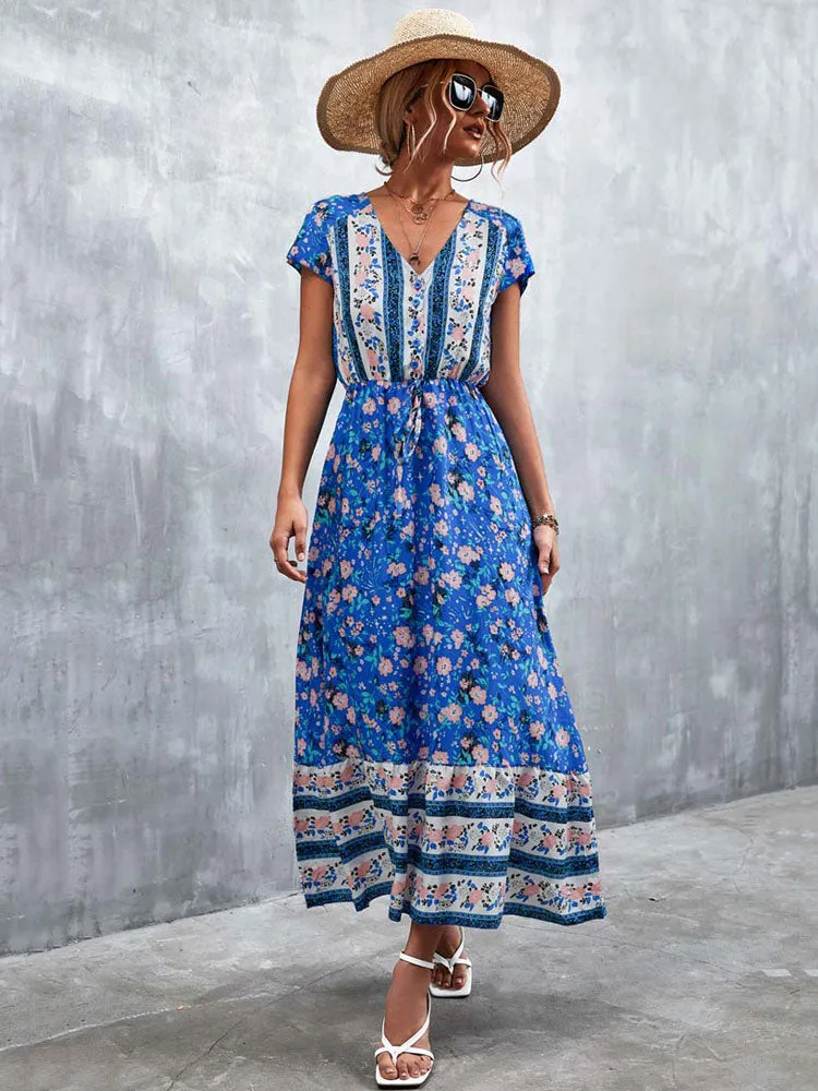 Fashionkova  2022 Summer Boho Maxi Dress Women Elegant Long Floral Party Dress Ladies Short Sleeve Bohemian Flower Dress For Women