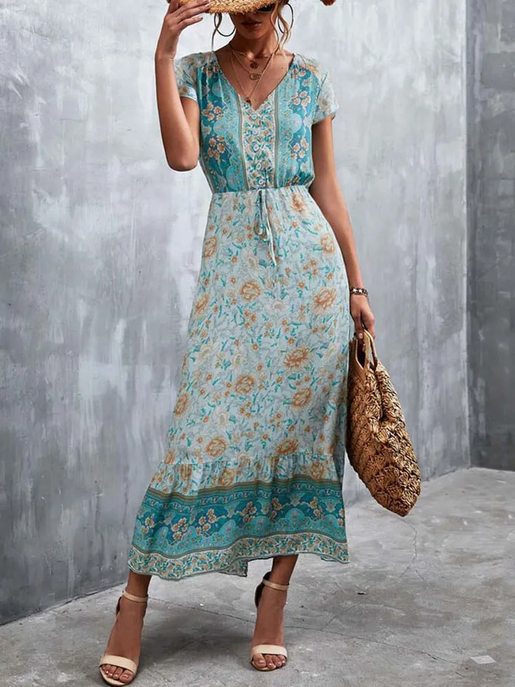Fashionkova  2022 Summer Boho Maxi Dress Women Elegant Long Floral Party Dress Ladies Short Sleeve Bohemian Flower Dress For Women
