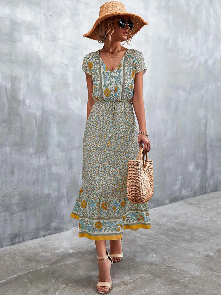 Fashionkova  2022 Summer Boho Maxi Dress Women Elegant Long Floral Party Dress Ladies Short Sleeve Bohemian Flower Dress For Women