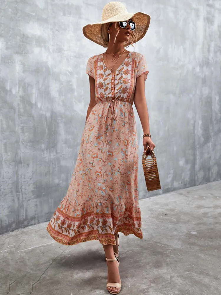 Fashionkova  2022 Summer Boho Maxi Dress Women Elegant Long Floral Party Dress Ladies Short Sleeve Bohemian Flower Dress For Women