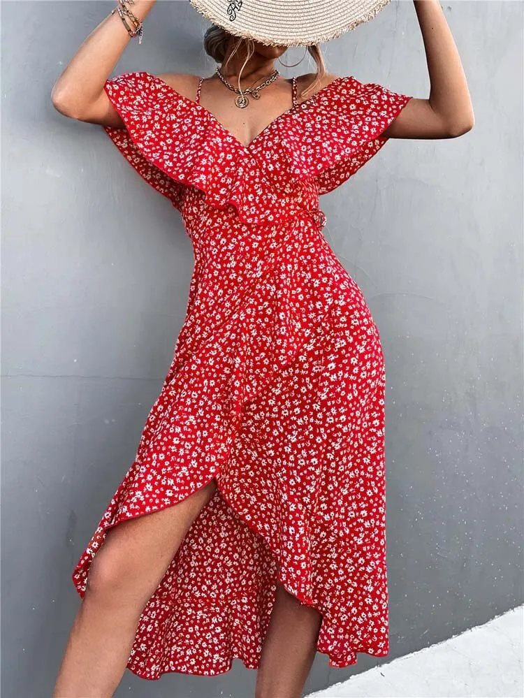 Fashionkova  2022 Summer Long Floral Dress Women Elegant Ruffle Maxi Dress Ladies Deep V Neck Spaghetti Strap Flower Party Dress For Women