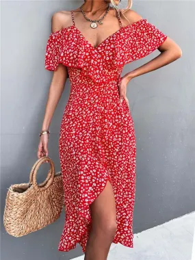 Fashionkova  2022 Summer Long Floral Dress Women Elegant Ruffle Maxi Dress Ladies Deep V Neck Spaghetti Strap Flower Party Dress For Women