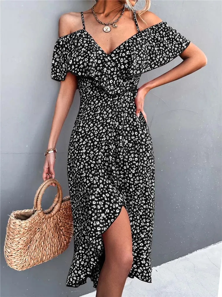 Fashionkova  2022 Summer Long Floral Dress Women Elegant Ruffle Maxi Dress Ladies Deep V Neck Spaghetti Strap Flower Party Dress For Women
