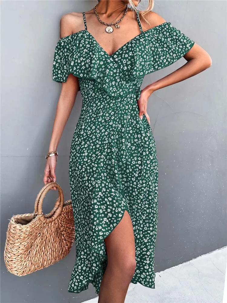 Fashionkova  2022 Summer Long Floral Dress Women Elegant Ruffle Maxi Dress Ladies Deep V Neck Spaghetti Strap Flower Party Dress For Women