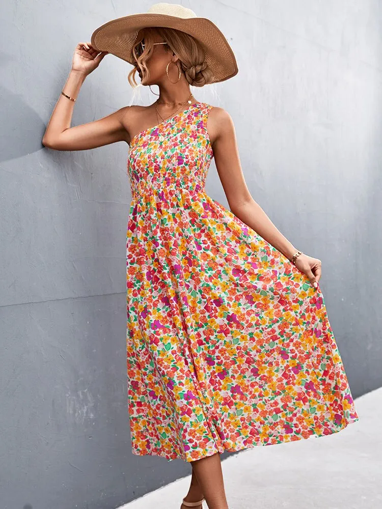 Fashionkova  2022 Summer Maxi Boho Dress Women One Shoulder Long Floral Dress Ladies Elegant Print Bohemian Flower Dress For Women