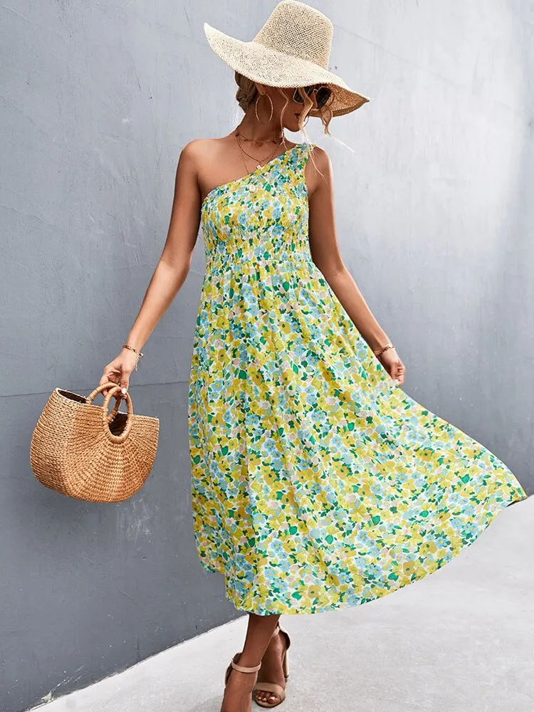 Fashionkova  2022 Summer Maxi Boho Dress Women One Shoulder Long Floral Dress Ladies Elegant Print Bohemian Flower Dress For Women