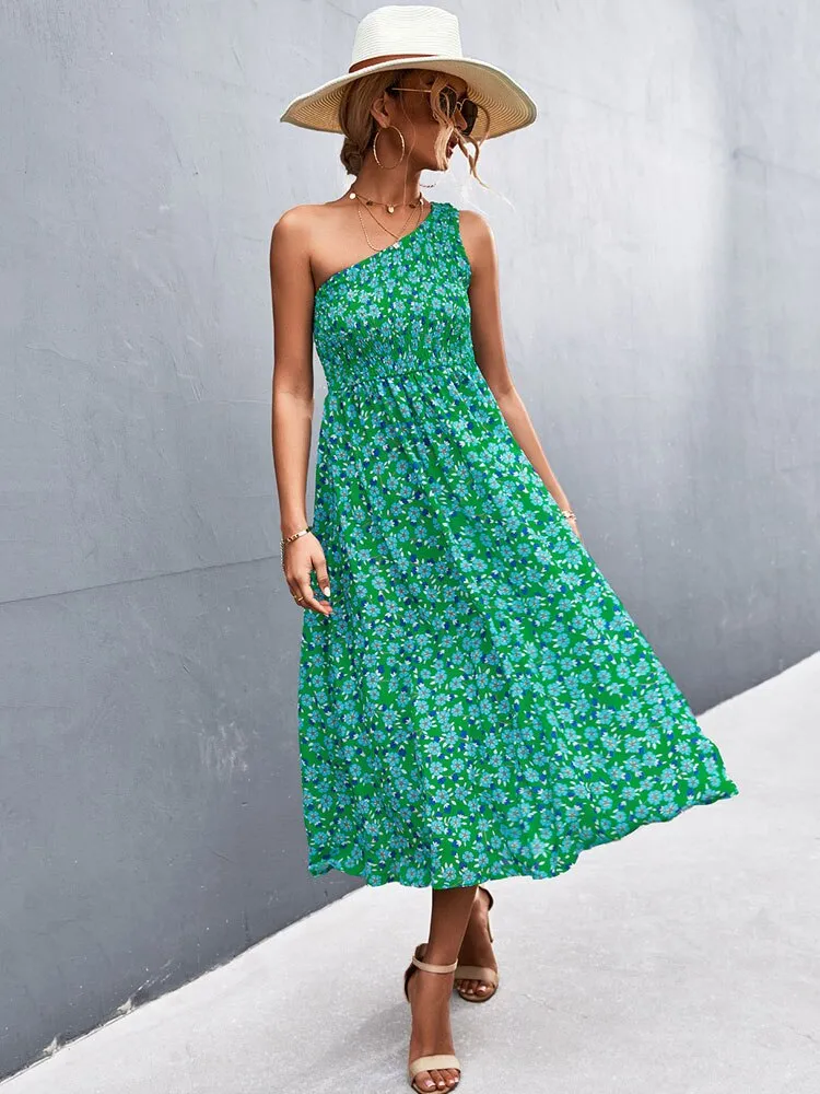 Fashionkova  2022 Summer Maxi Boho Dress Women One Shoulder Long Floral Dress Ladies Elegant Print Bohemian Flower Dress For Women