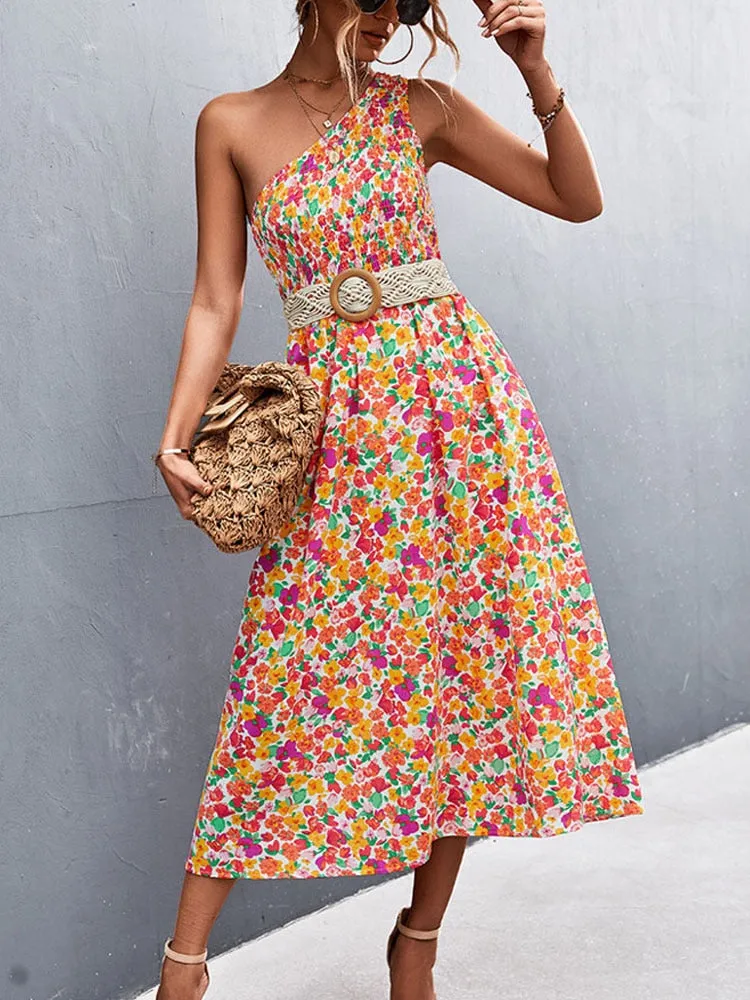 Fashionkova  2022 Summer Maxi Boho Dress Women One Shoulder Long Floral Dress Ladies Elegant Print Bohemian Flower Dress For Women
