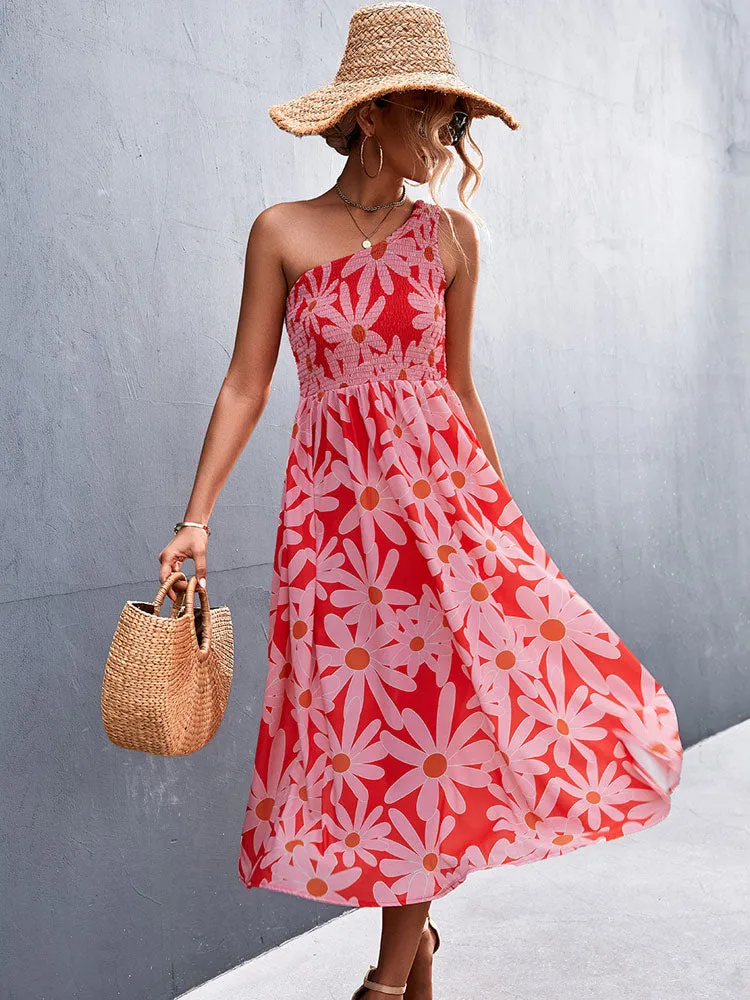 Fashionkova  2022 Summer Maxi Boho Dress Women One Shoulder Long Floral Dress Ladies Elegant Print Bohemian Flower Dress For Women