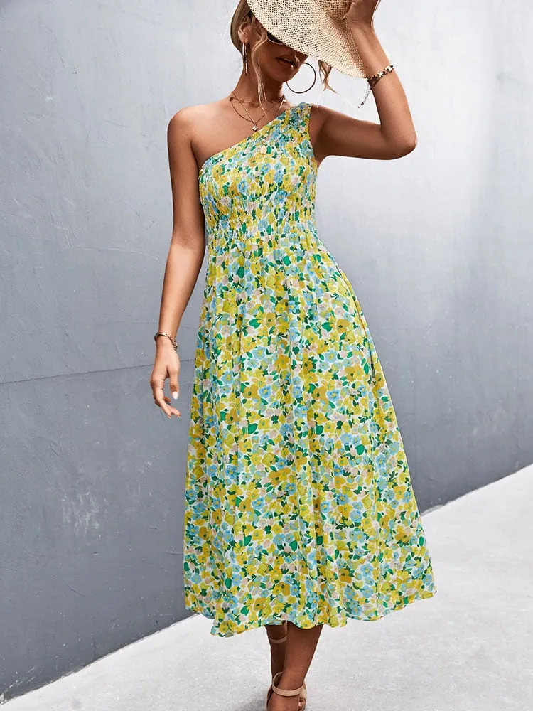 Fashionkova  2022 Summer Maxi Boho Dress Women One Shoulder Long Floral Dress Ladies Elegant Print Bohemian Flower Dress For Women